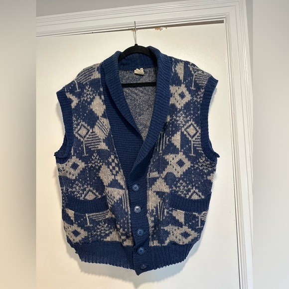 Vintage Alafoos Small Blue Icelandic Wool Button Closure Pocketed Cardigan Vest. - Picture 1 of 16